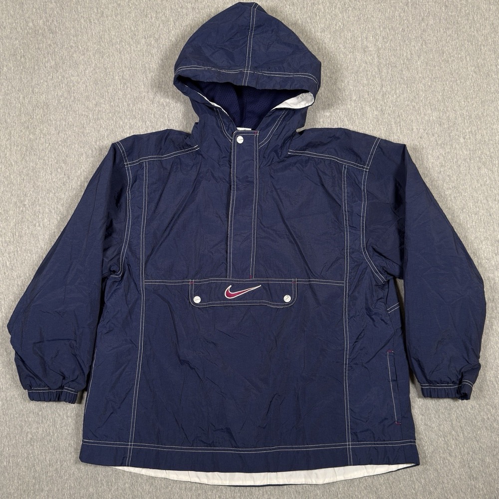 Vintage Nike Jacket Mens Large Blue Big Pocket Hooded Windbreaker Swoosh 90s